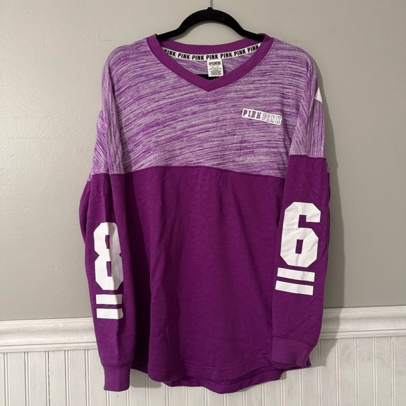 PINK Victoria's Secret Tops - PINK Victoria Secret Purple & White V Neck Long Sleeve Shirt Size XS
